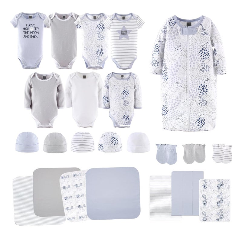 The Peanut Shell The Peanutshell Baby Layette Gift Set for Baby Boys or Girls - 23 Piece New Born Unisex Gift Set, Clothes & Newborn Essentials Must Haves - Clothes 0-3 Months - Blue & Grey - Image 1